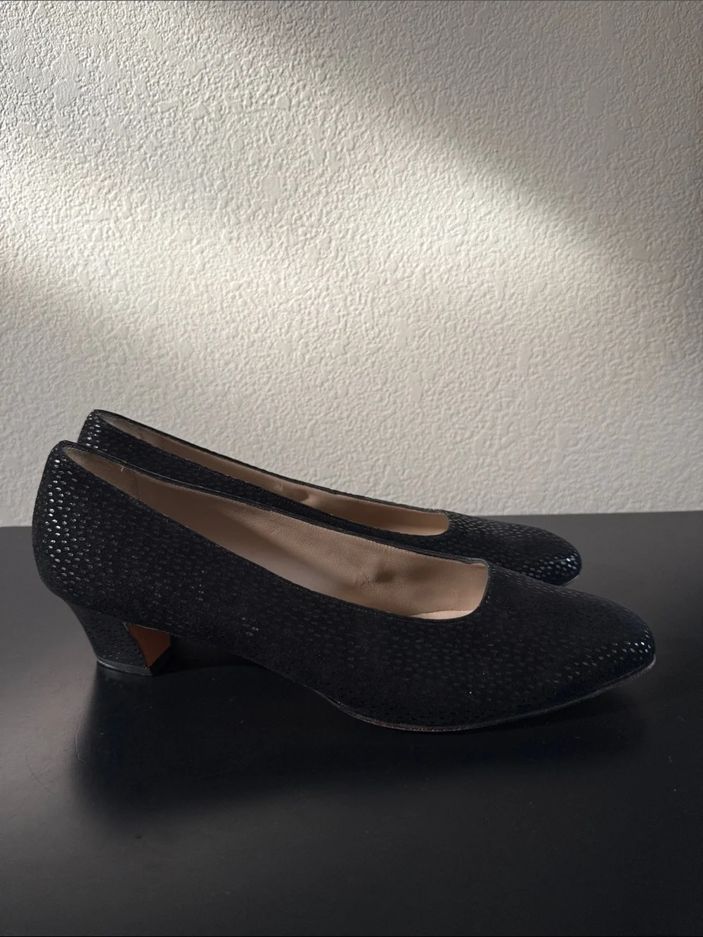 Salvatore Ferragamo Black Suede Pumps with Silver Dot Accents